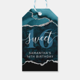 Teal en zilver glinsterende agaat marmer Sweet 16 Cadeaulabel