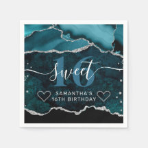 Teal en zilver glinsterende agaat marmer Sweet 16