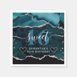 Teal en zilver glinsterende agaat marmer Sweet 16 Servet