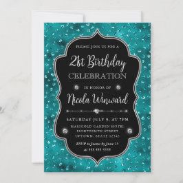 Teal en zilver glinsterende stippen frame verjaard kaart