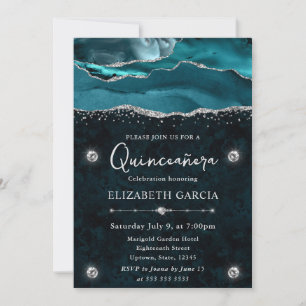 Teal en zilver glitter agaat Quinceanera Kaart