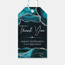 Teal en zilver glitter agaat verjaardagsfeest cadeaulabel