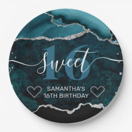 Teal en Zilver Glitter Agate Marmer Sweet 16 Papieren Bordje