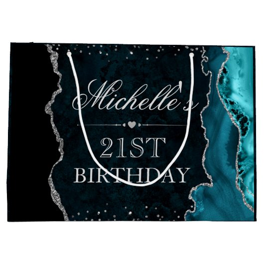 Teal en Zilver Glitter Agate Verjaardag Groot Cadeauzakje (Achterkant)