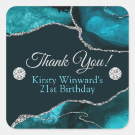 Teal en Zilver Glitter Agate Verjaardagsfeest Vierkante Sticker