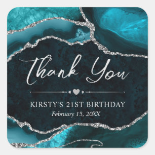 Teal en zilver glitter agate verjaardagsfeest vierkante sticker