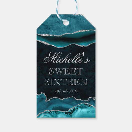 Teal en Zilver Glitter Marmer Agate Sweet 16 Cadeaulabel (Voorkant)