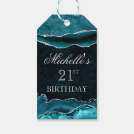 Teal en Zilver Glitter Marmer Agate Verjaardag Cadeaulabel