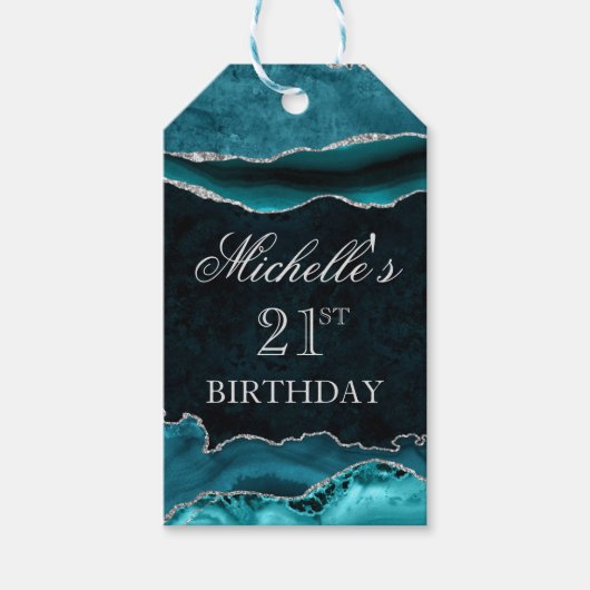 Teal en Zilver Glitter Marmer Agate Verjaardag Cadeaulabel (Voorkant)