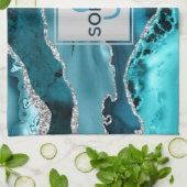 Teal en Zilver Nep Glitter Marmer Agate Monogram Theedoek (Gevouwen)