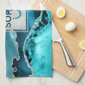 Teal en Zilver Nep Glitter Marmer Agate Monogram Theedoek (Quarter Fold)