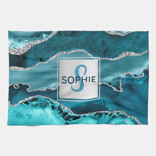 Teal en Zilver Nep Glitter Marmer Agate Monogram Theedoek (Horizontaal)