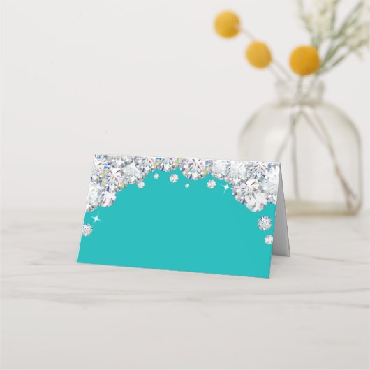 Teal en Zilveren Diamant Glitter Voedsetlabel Plaatskaartje (Voorkant)