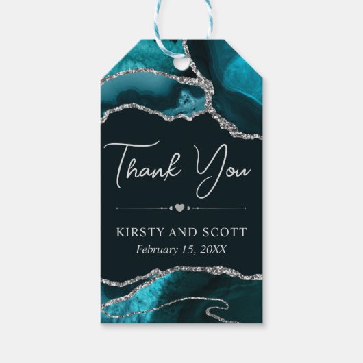Teal en Zilveren Nep Glitter Agate Bruiloft Cadeaulabel (Voorkant)