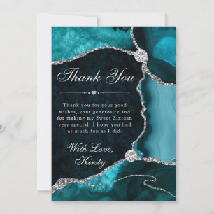 Teal en Zilveren Nep Glitter Agate Sweet 16 Bedankkaart
