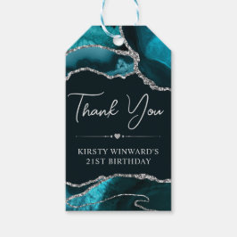 Teal en Zilveren Nep Glitter Agate Verjaardag Cadeaulabel