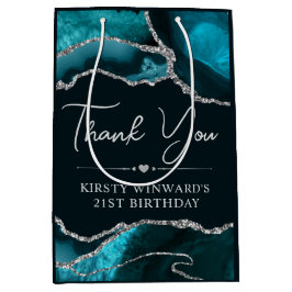 Teal en Zilveren Nep Glitter Agate Verjaardag Medium Cadeauzakje