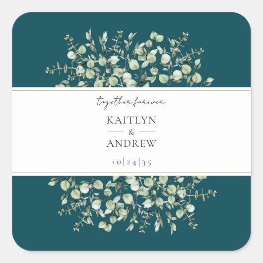 Teal Eucalyptus Together Forever Wedding Vierkante Sticker (Voorkant)