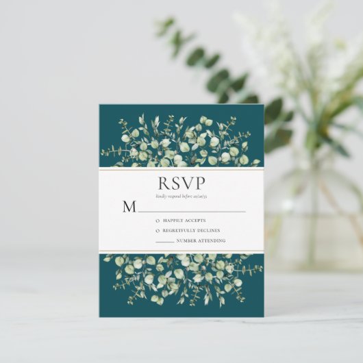 Teal Eucalyptus Wedding RSVP Kaartje (Staand voorkant)