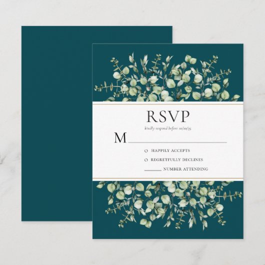 Teal Eucalyptus Wedding RSVP Kaartje (Voorkant / Achterkant)