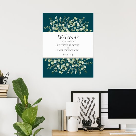 Teal Eucalyptus Wedding Welcome  Poster (Thuiskantoor)