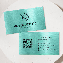 Teal Faux Brushed Metal Professional QR Code Visitekaartje