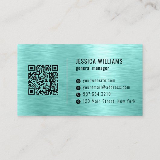 Teal Faux Brushed Metal Professional QR Code Visitekaartje (Achterkant)