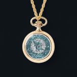 Teal Faux Glitter & Seashell Horloge<br><div class="desc">Beautiful gold watch necklace featuring Teal Faux glitter & Seashell design</div>