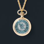 Teal Faux Glitter & Seashell Horloge<br><div class="desc">Beautiful gold watch necklace featuring Teal Faux glitter & Seashell design</div>