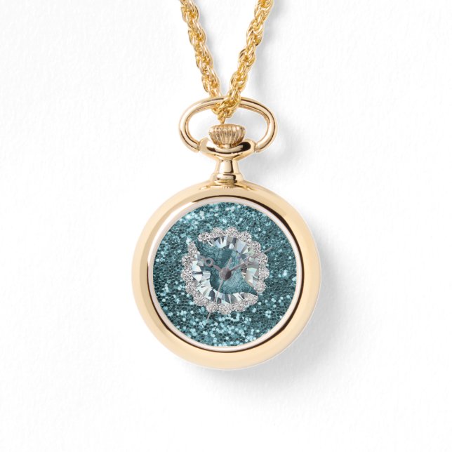 Teal Faux Glitter & Seashell Horloge (Voorkant)