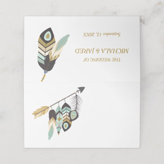 Teal Feather Arrow Bruiloft Plaatskaartje (Buitenkant ongevouwen)