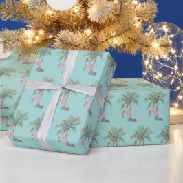 Teal Flamingo in kerstmannenhoed met palmboom en l Cadeaupapier
