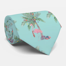 Teal Flamingo in kerstmannenhoed met palmboom en l Stropdas