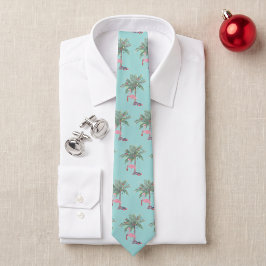 Teal Flamingo in kerstmannenhoed met palmboom en l Stropdas
