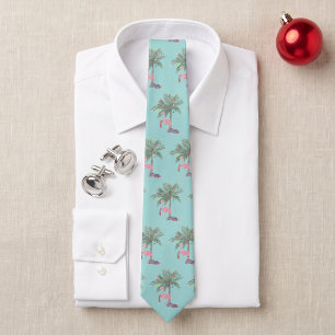 Teal Flamingo in kerstmannenhoed met palmboom en l Stropdas
