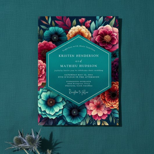 Teal Floral Autumn Wedding Kaart