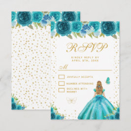 Teal Floral Blonde Hair Princess Sweet Sixteen RSVP Kaartje