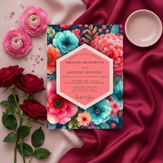 Teal Floral Bloom Romance Wedding Kaart