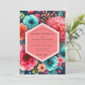 Teal Floral Bloom Romance Wedding Kaart (Staand voorkant)