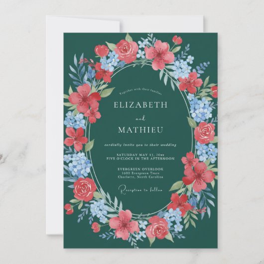 Teal Floral Blossom Wedding Kaart (Voorkant)