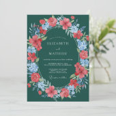 Teal Floral Blossom Wedding Kaart (Staand voorkant)