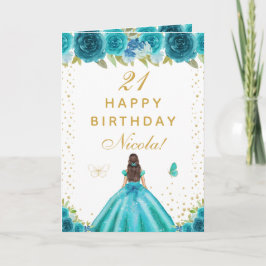 Teal Floral Brunette Hair Girl Birthday Kaart