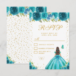 Teal Floral Brunette Hair Princess Sweet Sixteen RSVP Kaartje