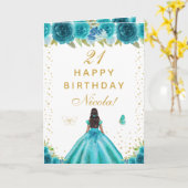 Teal Floral Dark Skin Girl Birthday Kaart (Gele Bloem)