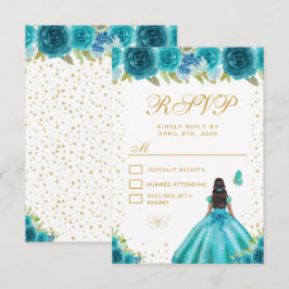 Teal Floral Dark Skin Princess Sweet Sixteen RSVP Kaartje