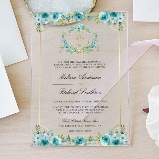 Teal Floral Gold Catholic Cross Wedding Acryl Uitnodigingen