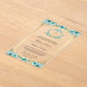 Teal Floral Gold Catholic Cross Wedding Acryl Uitnodigingen (Laagn)