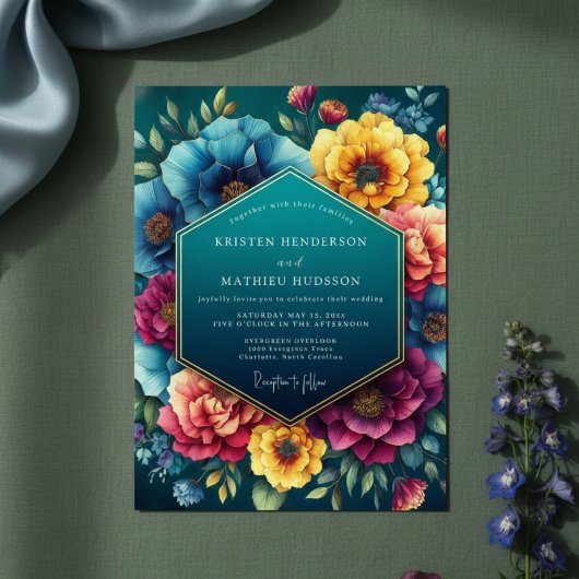 Teal Floral Lush Romance Wedding Kaart
