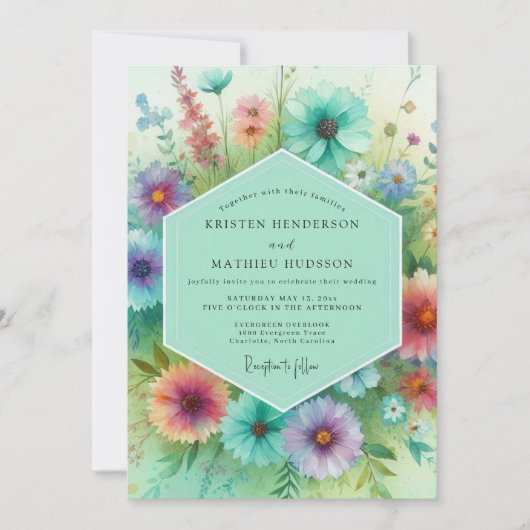 Teal Floral Meadow Wedding Kaart (Voorkant)