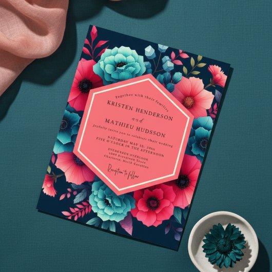 Teal Floral Moody Wedding Kaart